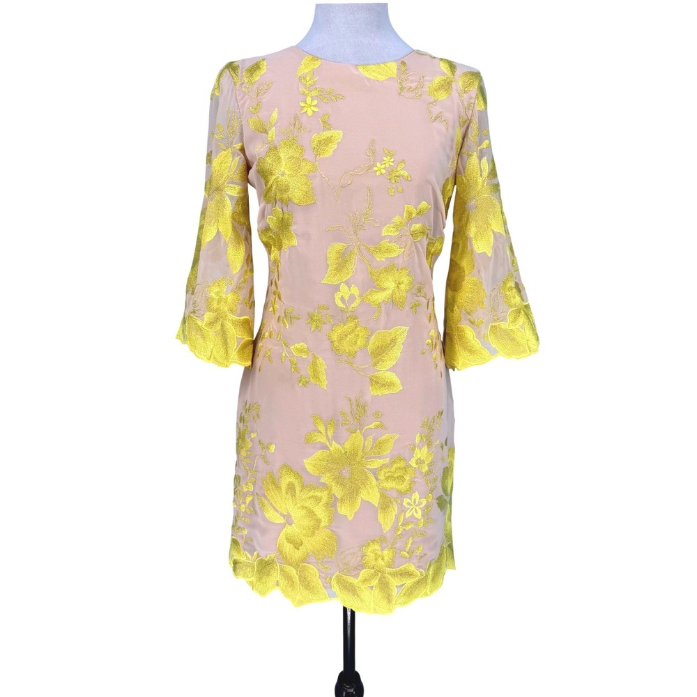 Dress The Population Yellow Floral Embroidered Bell Sleeve Mini Dress Small USA